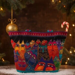 LAUREL BURCH Tote Bag Cat Faces Art Large Colorful Boho Style Shoulder Bag NWT